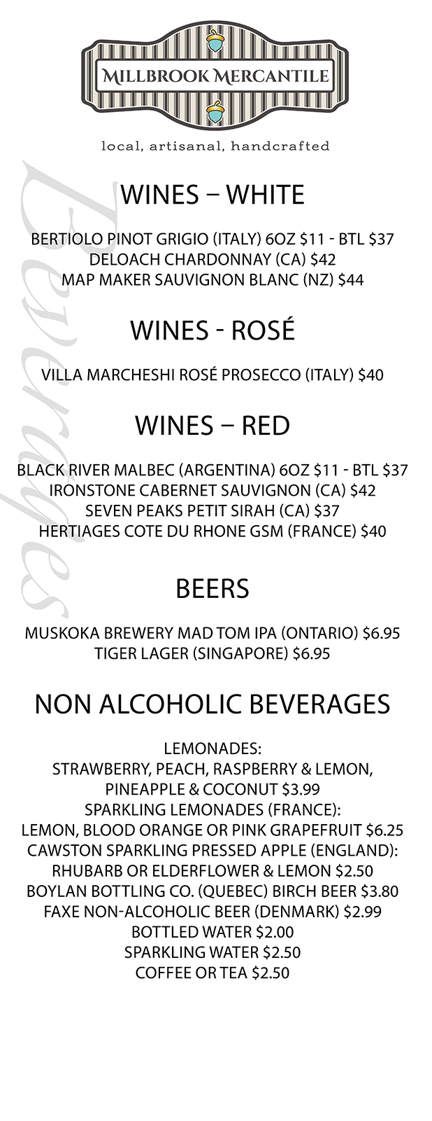 Wine & Beverages menu